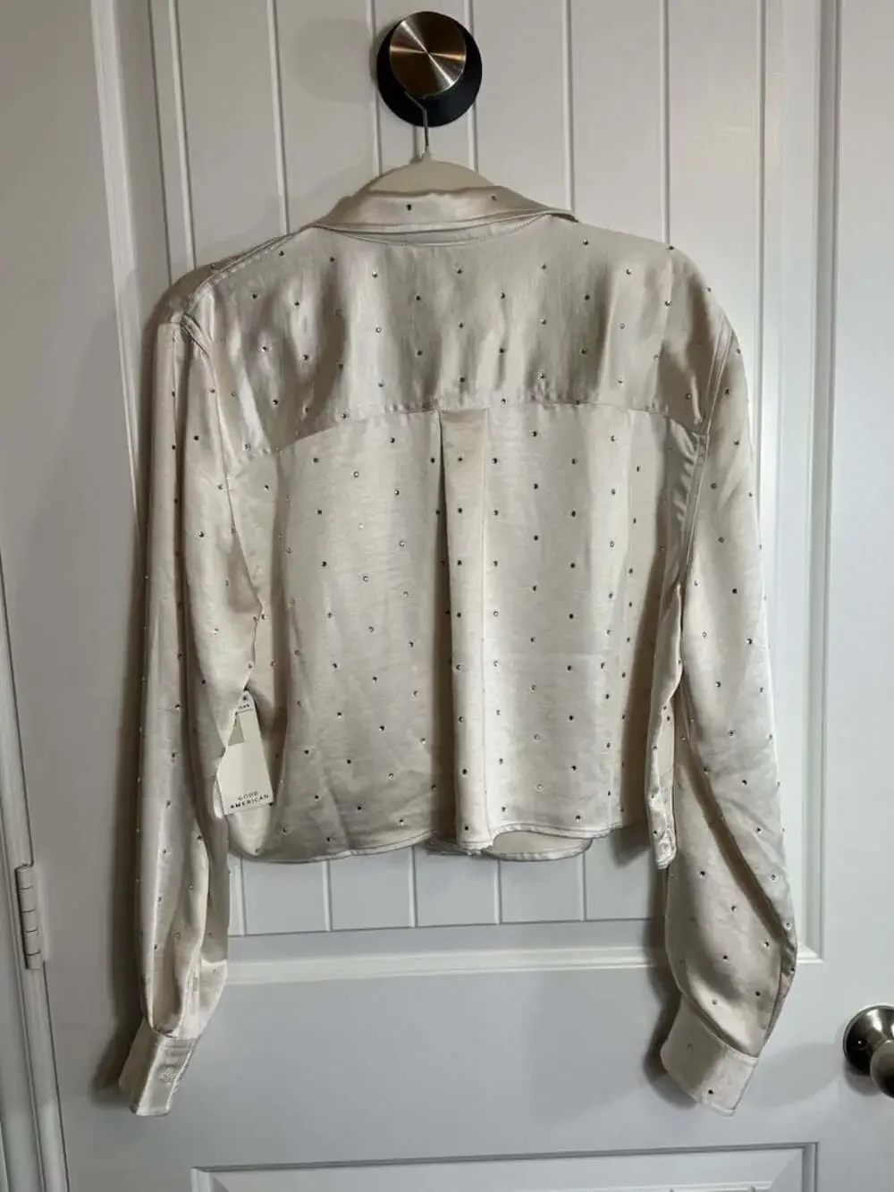 Good American Crystal Embellished Cropped Satin Shirt Cloud White Large - Picture 5 of 12